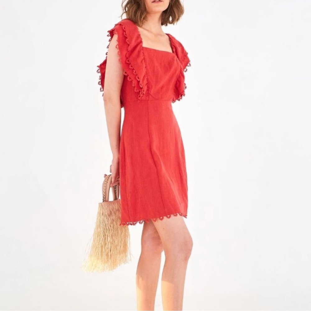 Farm Rio cherry red linen mini dress with lace ruffle sleeve square neckline